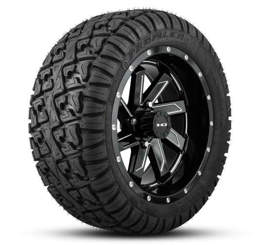 HD Golf Wheel & Tire Package ( 1pc ) 12x7.0 SAW Gloss Black Milled Edges w ( 1pc ) 23 Inch A/T Tire