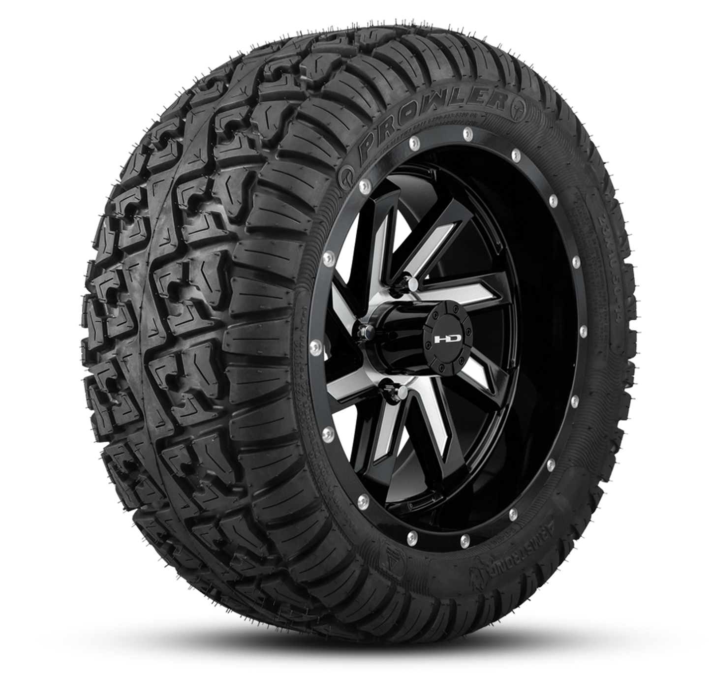 HD Golf Wheel & Tire Package ( 1pc ) 14x7.0 SAW Gloss Black Milled Face w ( 1pc ) 23 Inch A/T Tire