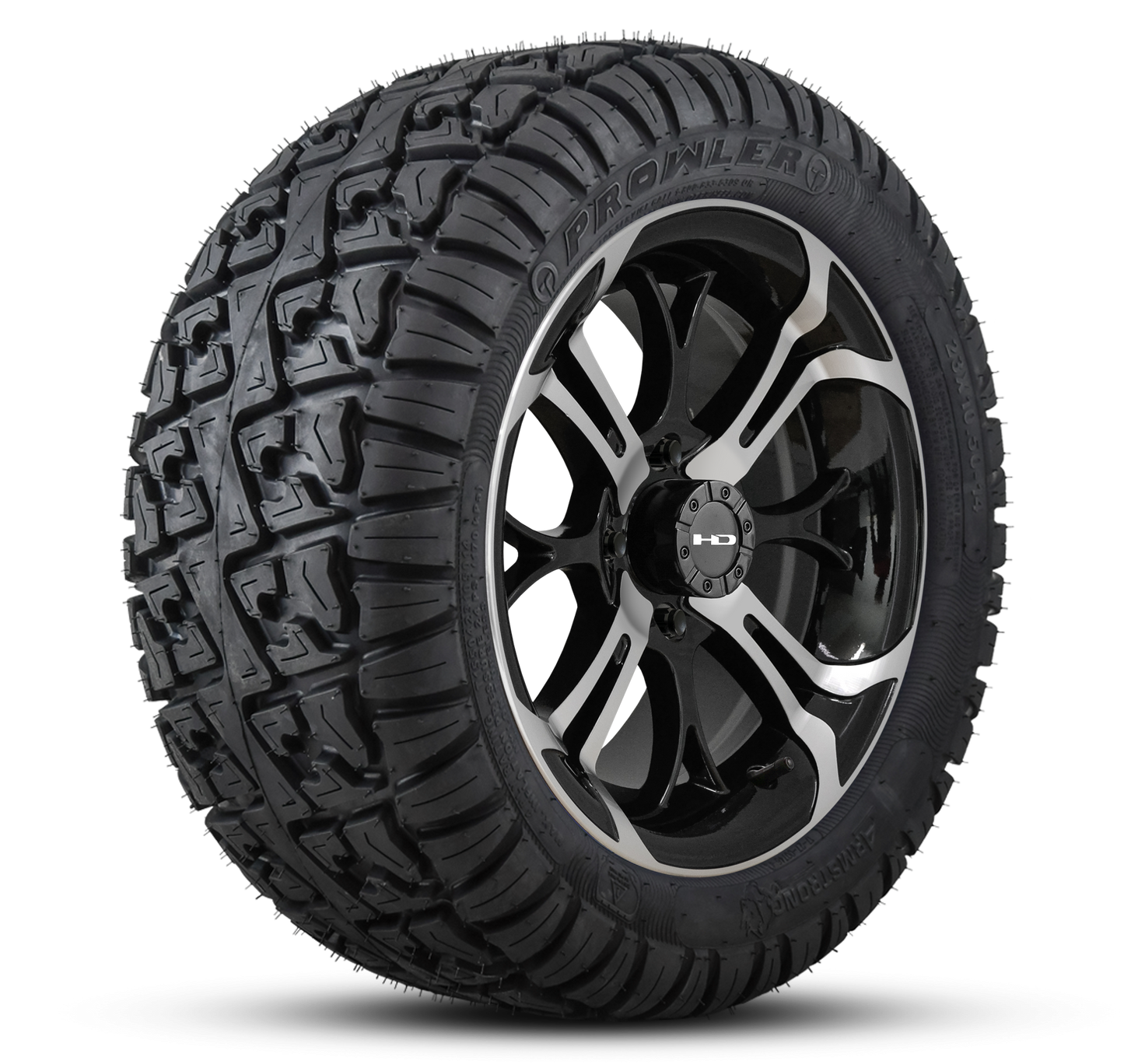 HD Golf Wheel & Tire Package ( 1pc ) 14x7.0 Spinout Gloss Black Machined w ( 1pc ) 23 Inch A/T Tire