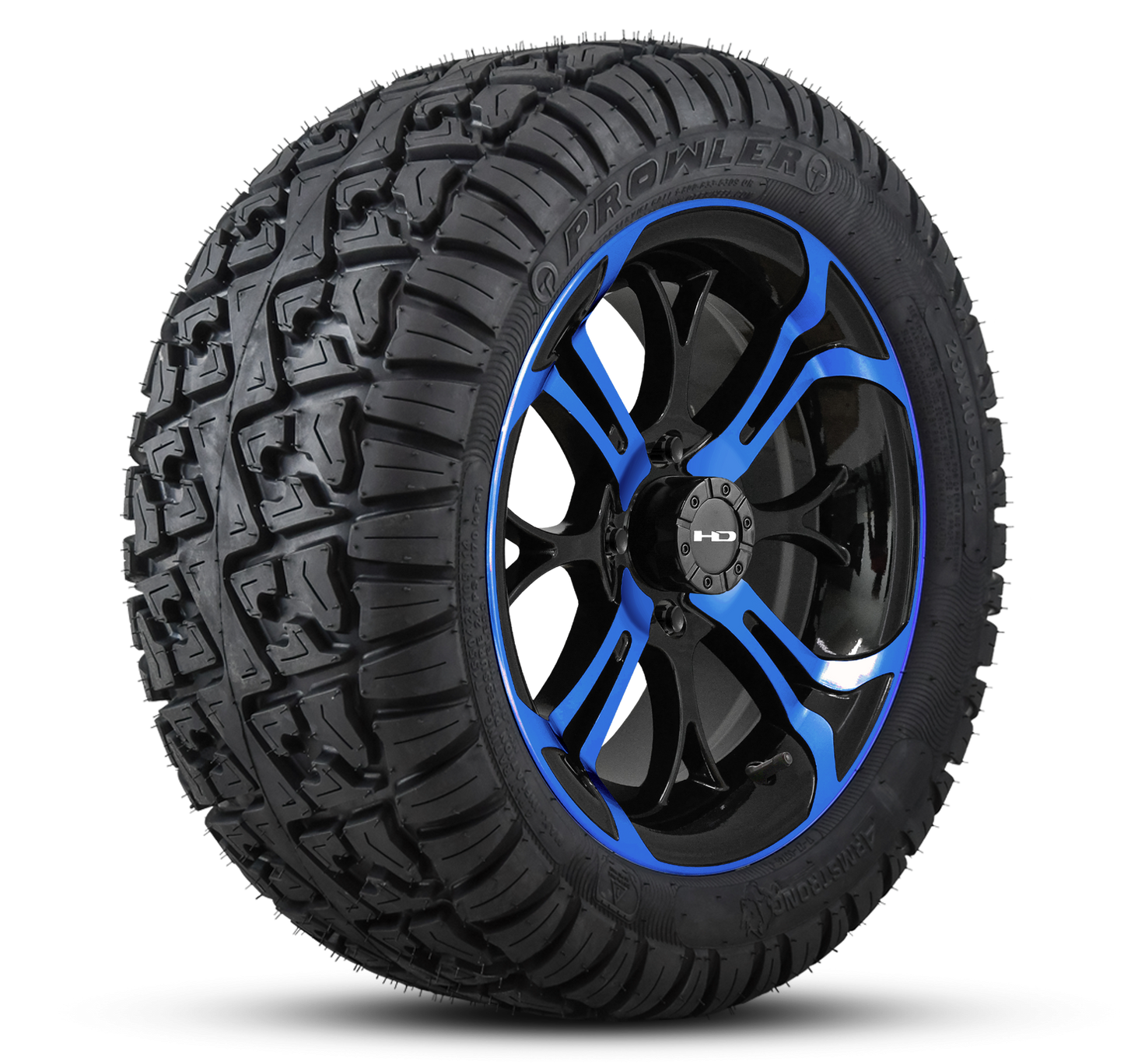 HD Golf Wheel & Tire Package ( 1pc ) 14x7.0 Spinout Gloss Black & Blue w ( 1pc ) 23 Inch A/T Tire