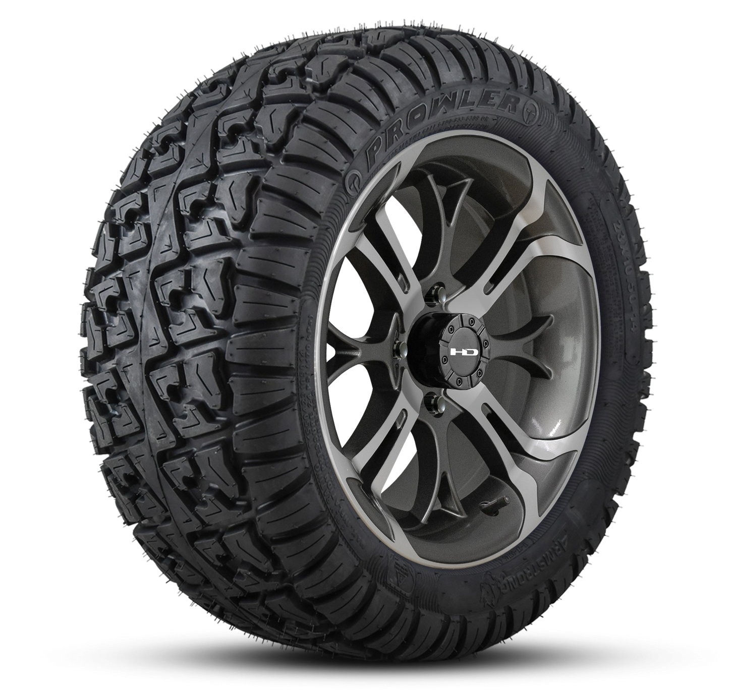 HD Golf Wheel & Tire Package ( 1pc ) 14x7.0 Spinout Gunmetal Machined w ( 1pc ) 23 Inch A/T Tire