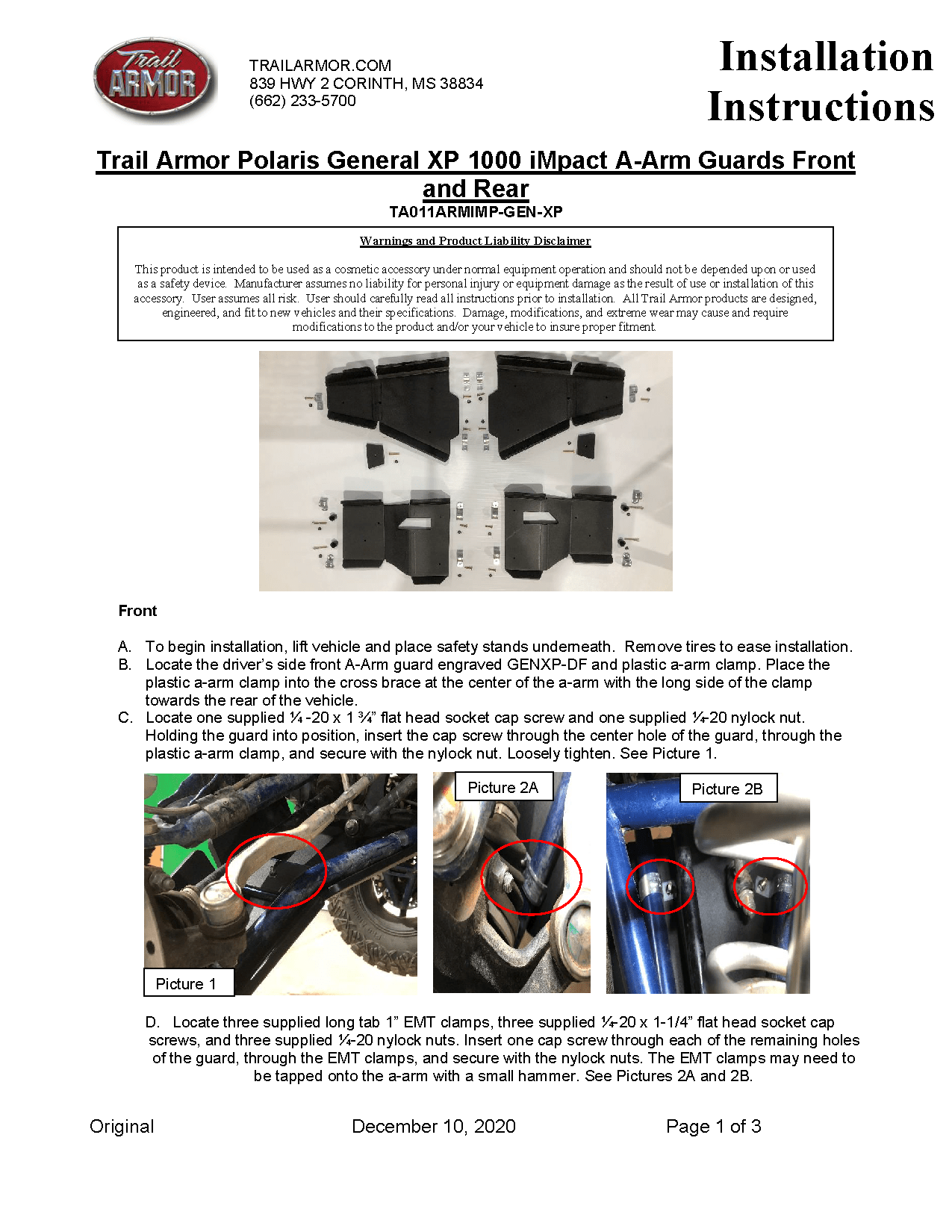 Trail Armor IMpact A-Arm Guards Front & Rear for Polaris General XP 1000 / XP 1000 4