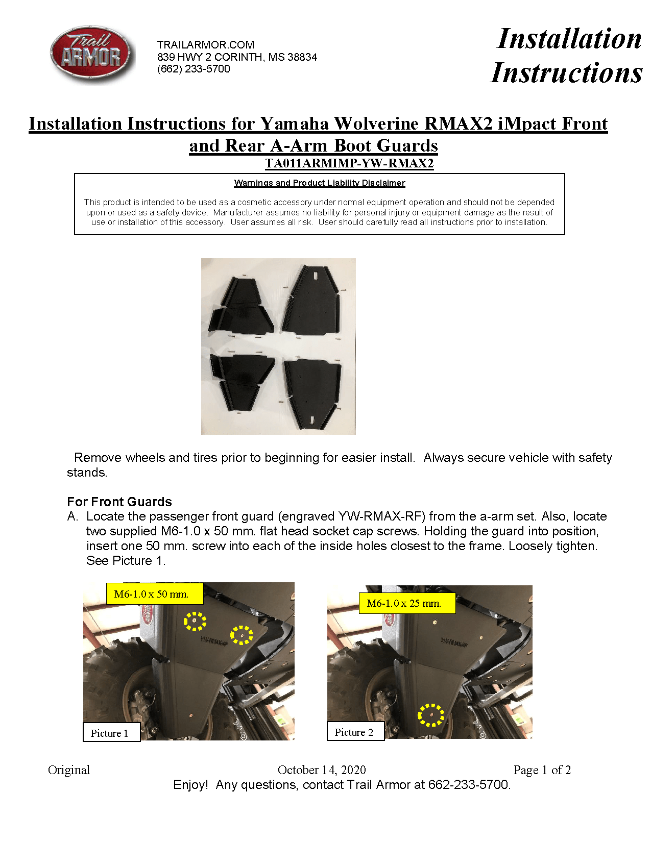 Trail Armor iMpact A-Arm Guards for 2021+ Yamaha Wolverine RMAX2 Model