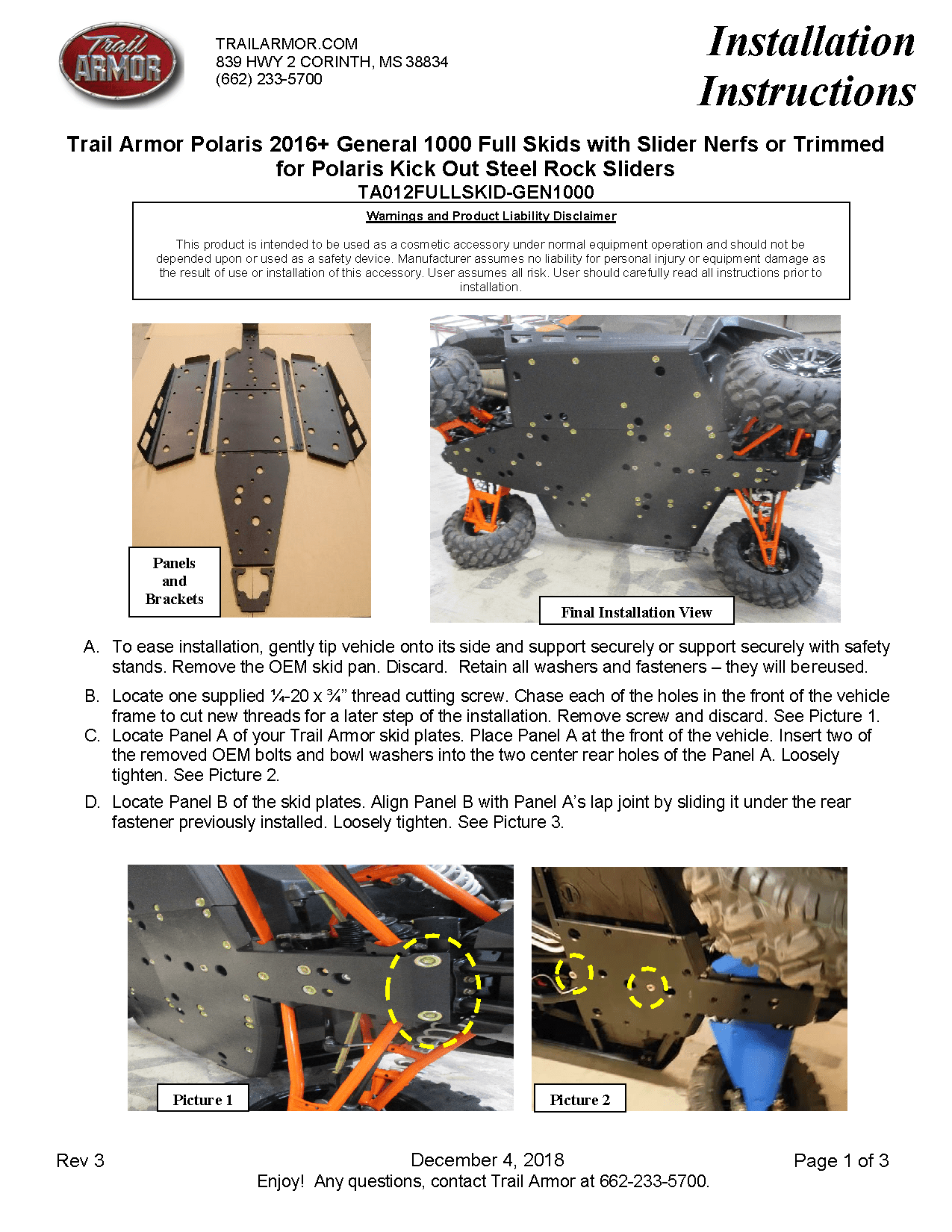 Trail Armor Skid Plate With Rock Sliders for 16-23 Polaris General XP 1000