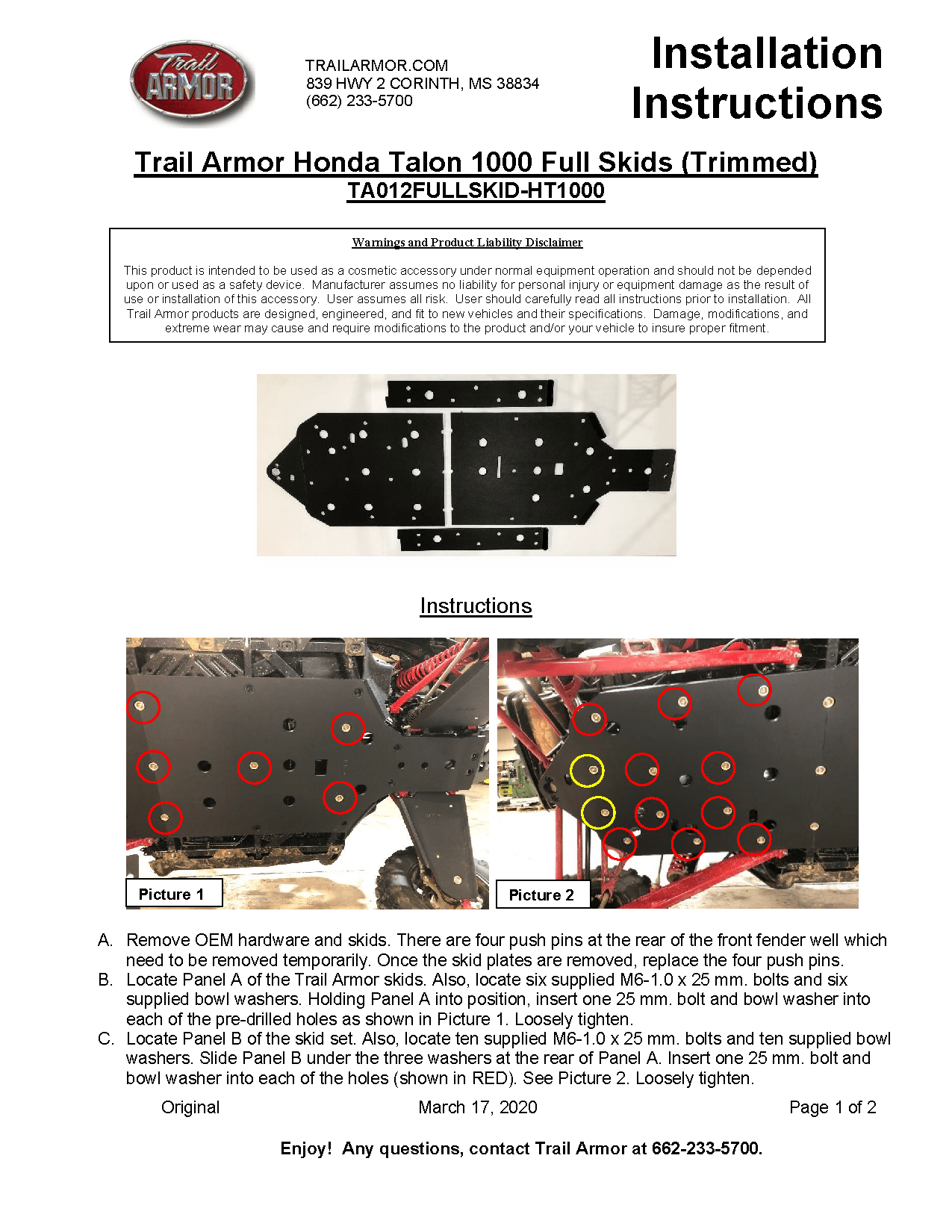 Trail Armor Full Skid Plate for 2019+ Honda Talon X / R