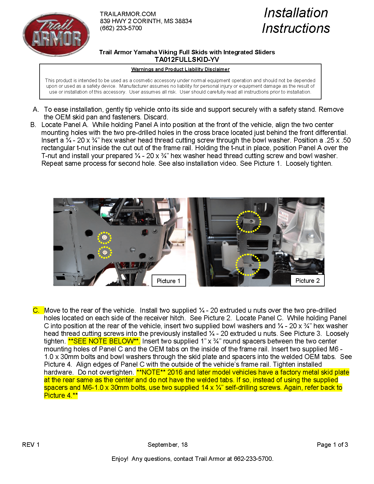 Trail Armor Full Skids with Integrated Sliders for 2014+ Yamaha Viking Model