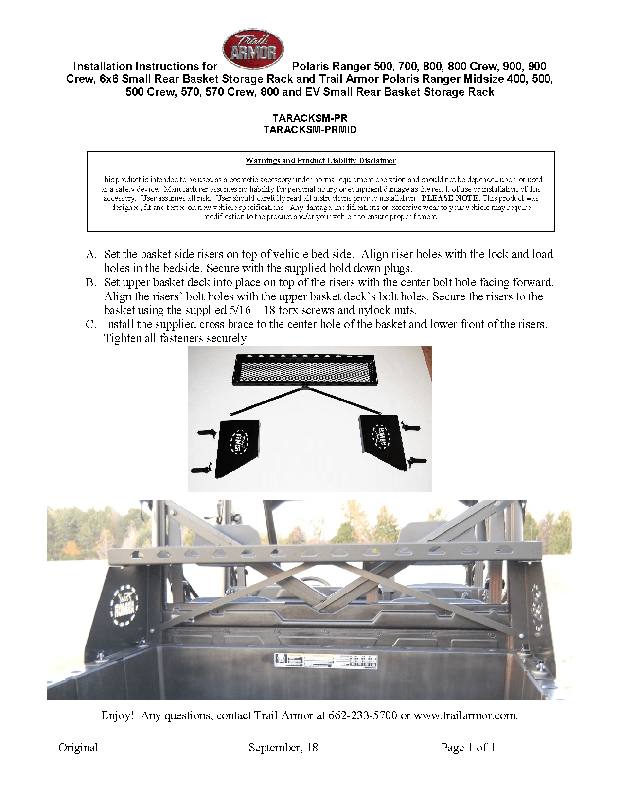 Trail Armor Small Rear Basket Storage for 2014-19 Polaris Ranger Midsize Crew Model