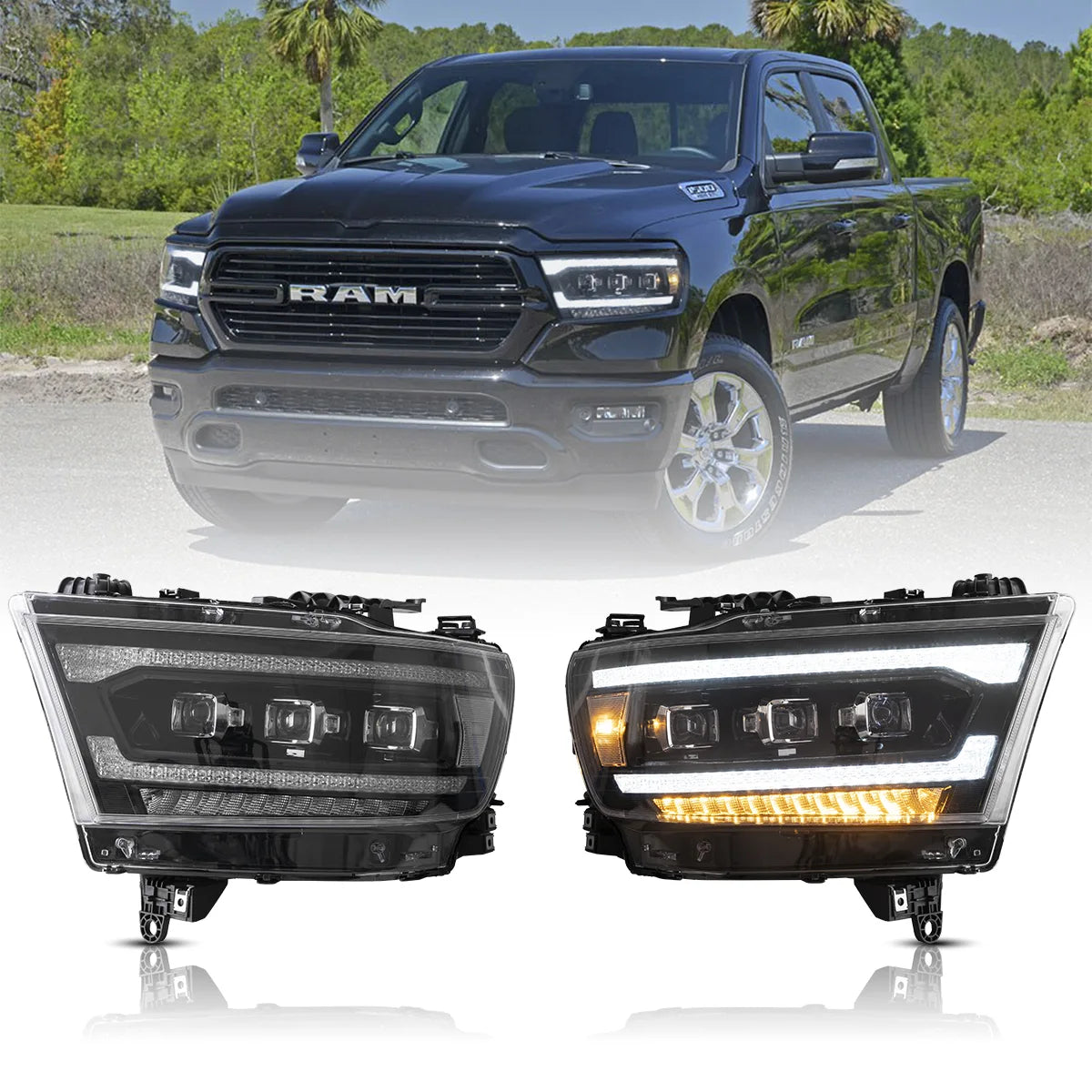 LED Matrix Projector Headlights Black For 2019-2024 Dodge Ram 1500 5th Gen (DT)