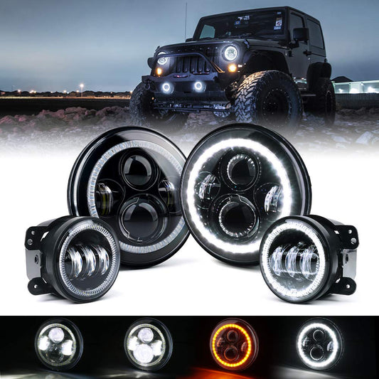 Xprite 7 inch 90W LED Headlights & 4 inch 60W Fog Lights Combo w/White