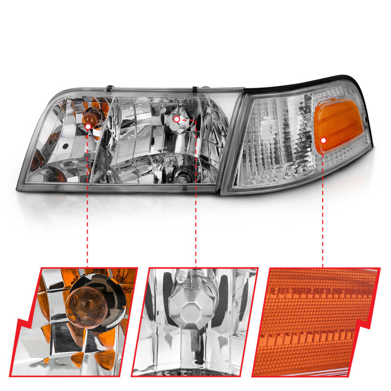 ANZO 1998-2005 Ford Crown Victoria Crystal Headlight Chrome With Bumper Light (OE) 121556