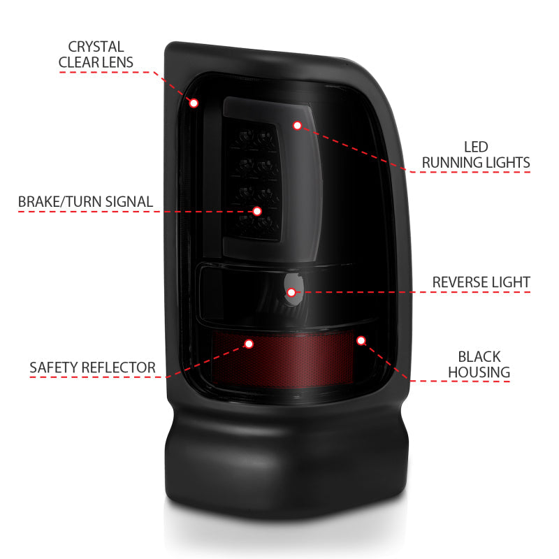 ANZO 1994-2001 Dodge Ram 1500 LED Taillights Plank Style Black w/Smoke Lens 311340