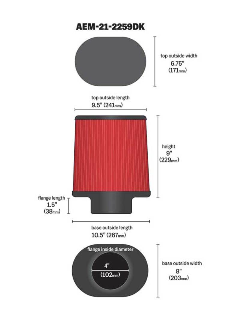 AEM Induction AEM 4.00 inch Dryflow Air Filter Oval 9.00 inch Element 21-2259DK