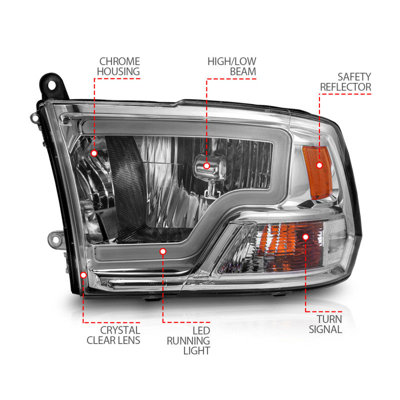 ANZO 2009-2018 Dodge Ram 1500/ 2500/ 3500 Crystal Headlights w/ Light Bar Chrome Housing 111516