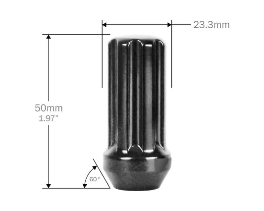 Perfectly Tight 7 Spline Lug Nut Tapered Seat 1/2-20 x 50mm - Black Steel - Set of 32 w/ Key