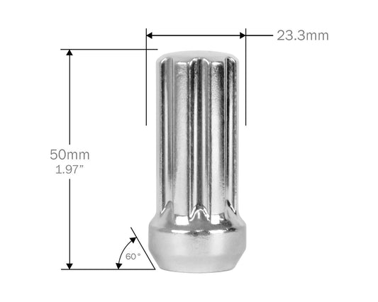 Perfectly Tight 7 Spline Lug Nut Tapered Seat 1/2-20 x 50mm - Chrome Steel - Set of 32 w/ Key