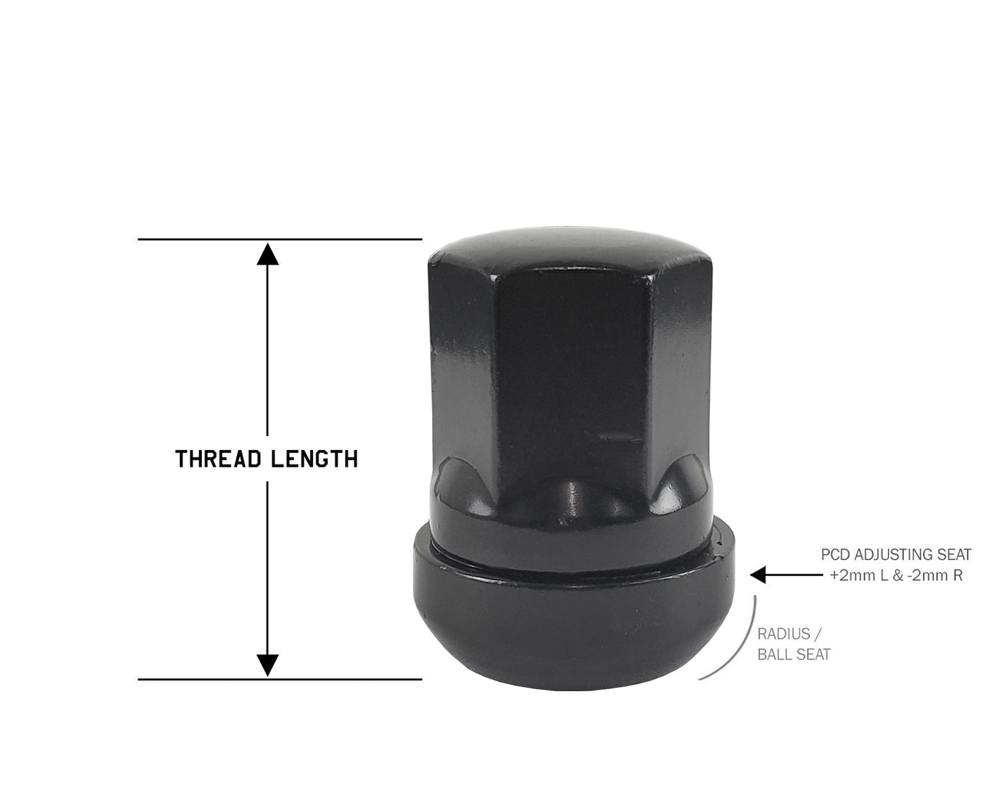 Perfectly Tight Adjustable 19mm Hex Lug Nut Radius Seat 14x1.5 x 32mm - Black Steel - Set of 20