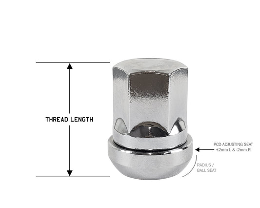 Perfectly Tight Adjustable 19mm Hex Lug Nut Radius Seat 12x1.25 x 32mm - Chrome Steel - Set of 20