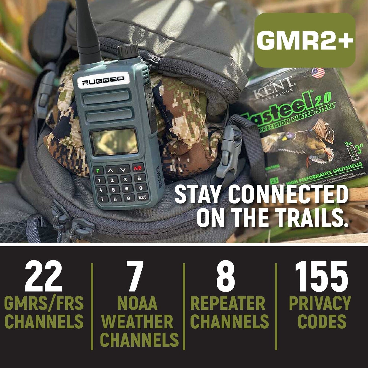 Rugged Radios ADVENTURE PACK - 2 PACK - GMR2 PLUS GMRS and FRS Two Way Handheld Radios with XL Batteries and Long Range Antennas - Grey