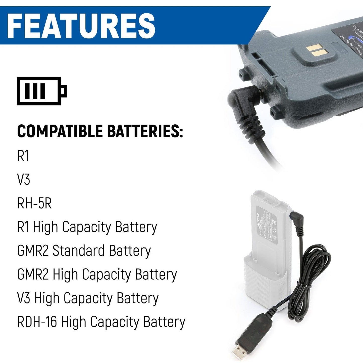 Rugged Radios USB Charging Cable for R1 - V3 - GMR2 and GMR2 PLUS Handheld Radios